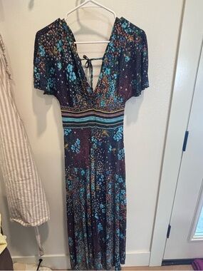 Vintage Yves Jennet Black Floral Maxi Dress V-Neck Tie Accent Chiffon S